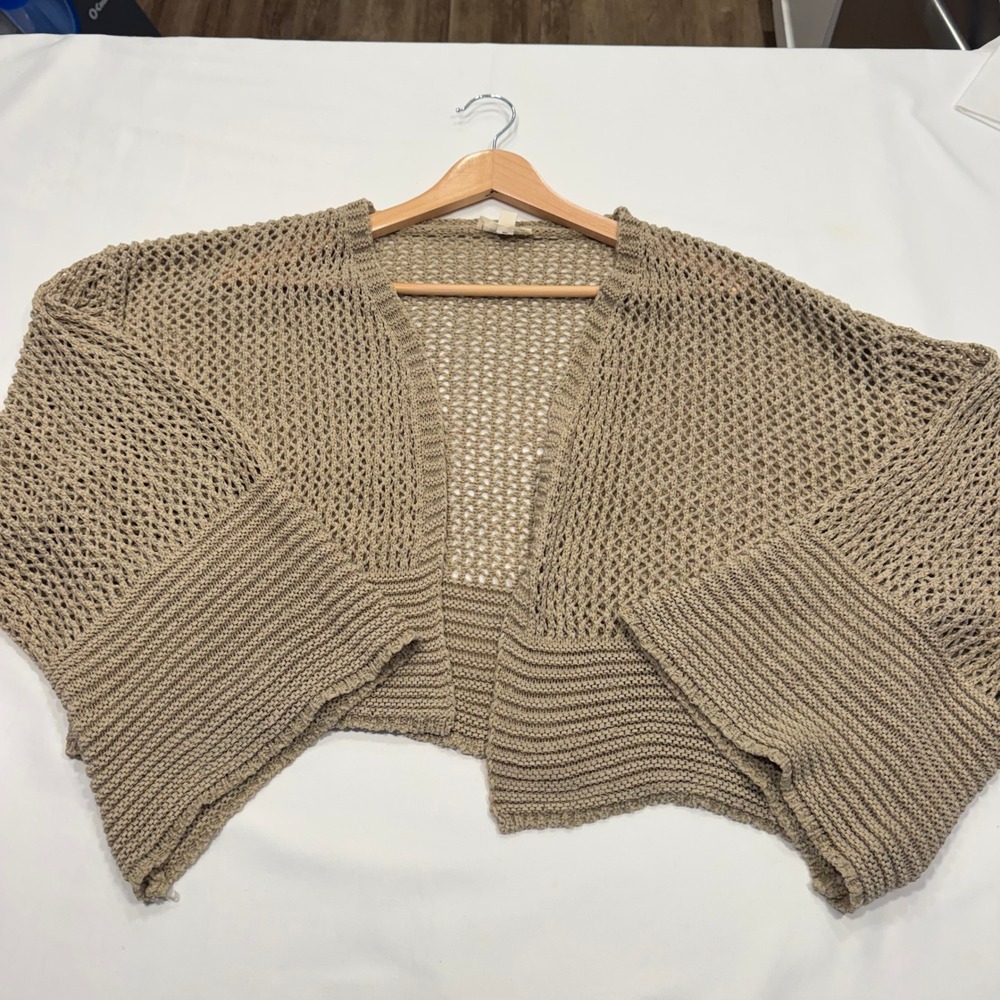 ee:some Open Knit Crochet Cardigan Bell Sleeve Shrug Medium Tan Khaki Excellent